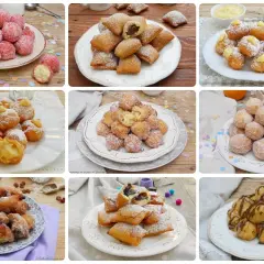 Collage di frittelle di carnevale: palline zuccherate, quadretti ripieni, bignè con crema. Ricetta frittelle di carnevale facili e veloci.
