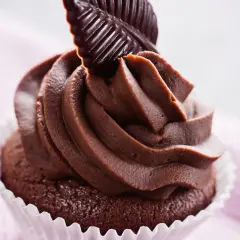Un goloso cupcake al cioccolato con glassa cremosa e una decorazione a forma di foglia di cioccolato fondente.