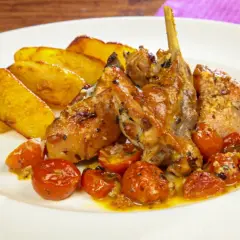 Delizioso coniglio al forno con patate arrosto e pomodorini confit, un piatto succulento e saporito.