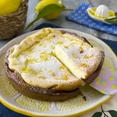 Una deliziosa torta ricotta veloce, spolverata di zucchero a velo e scorza di limone, servita su un piatto a forma di limone.