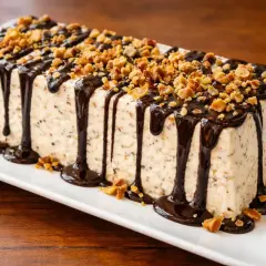 Delizioso parfait di mandorle, ricoperto da cioccolato fuso e granella croccante.