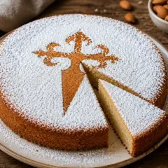 Torta di Santiago, soffice e profumata, cosparsa di zucchero a velo con la croce tipica. Una fetta è già pronta per essere gustata.