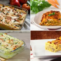 Quattro versioni di lasagne vegetariane gustose: con verdure miste, zucchine e formaggio, e funghi. Perfette per un pranzo saporito.