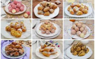 Collage di frittelle di carnevale: palline zuccherate, quadretti ripieni, bignè con crema. Ricetta frittelle di carnevale facili e veloci.