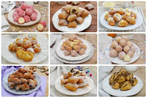 Collage di frittelle di carnevale: palline zuccherate, quadretti ripieni, bignè con crema. Ricetta frittelle di carnevale facili e veloci.