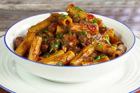 Rigatoni conditi con un saporito ragù di polpo, guarniti con prezzemolo fresco e peperoncino.