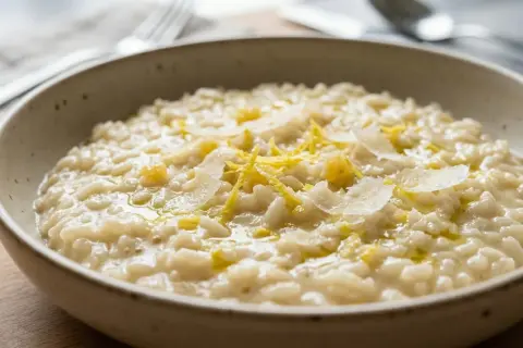 Cremoso risotto al limone, guarnito con scorza di limone e scaglie di parmigiano, pronto per essere gustato.