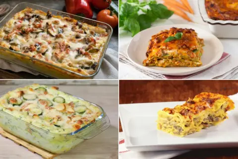 Quattro versioni di lasagne vegetariane gustose: con verdure miste, zucchine e formaggio, e funghi. Perfette per un pranzo saporito.