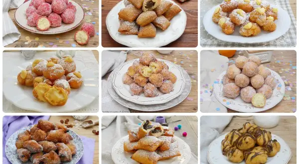Collage di frittelle di carnevale: palline zuccherate, quadretti ripieni, bignè con crema. Ricetta frittelle di carnevale facili e veloci.