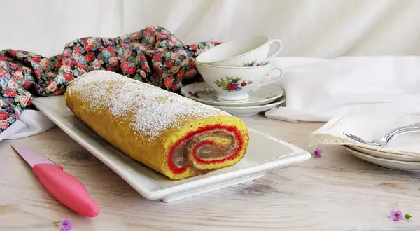Rotolo dolce spolverato di zucchero a velo, un vero salame del re, con ripieno cremoso e bordi rossi.