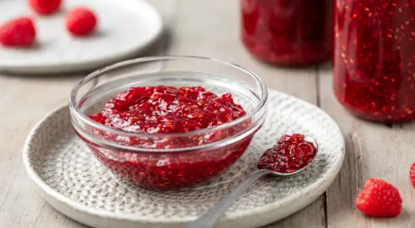 Ciotolina di marmellata di lamponi fatta in casa, con un cucchiaino pieno e lamponi freschi sullo sfondo.
