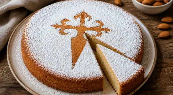 Torta di Santiago, soffice e profumata, cosparsa di zucchero a velo con la croce tipica. Una fetta è già pronta per essere gustata.
