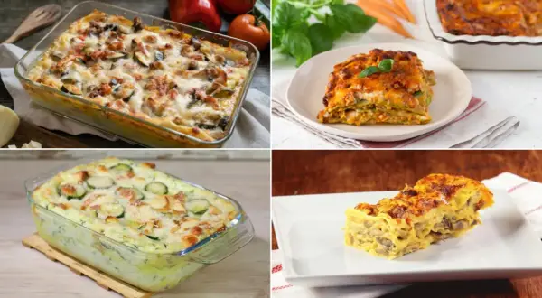 Quattro versioni di lasagne vegetariane gustose: con verdure miste, zucchine e formaggio, e funghi. Perfette per un pranzo saporito.