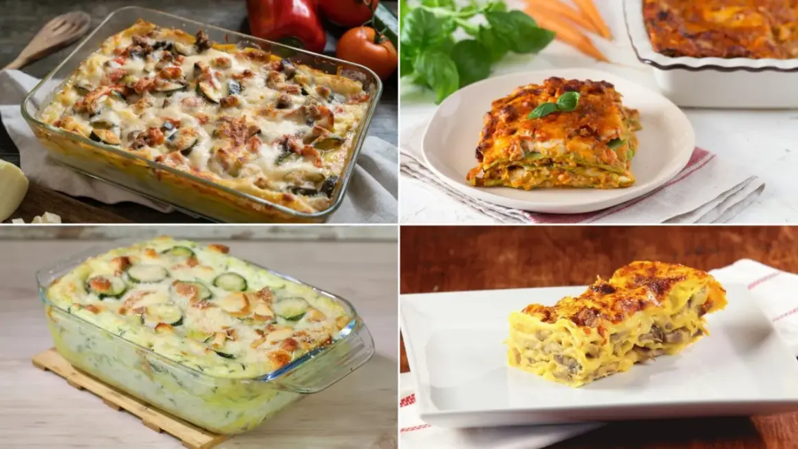 Quattro versioni di lasagne vegetariane gustose: con verdure miste, zucchine e formaggio, e funghi. Perfette per un pranzo saporito.