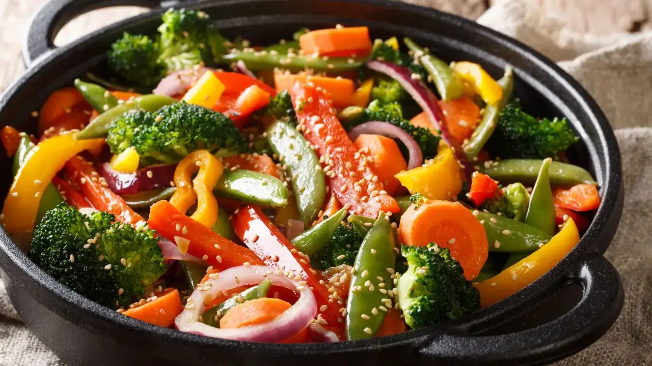 Un colorato mix di verdure in padella: broccoli, carote, peperoni, cipolla rossa e piselli, conditi con semi di sesamo.