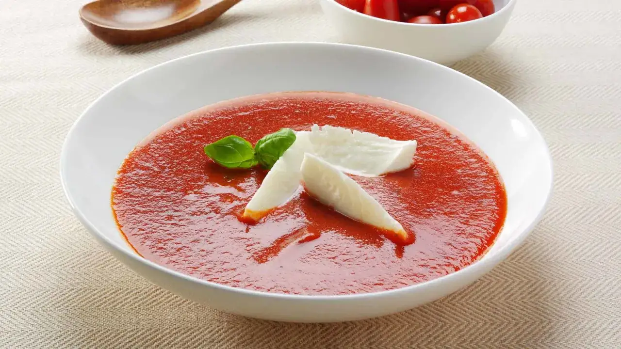 Una ciotola bianca con una vellutata crema di pomodoro, guarnita con mozzarella fresca e foglie di basilico.