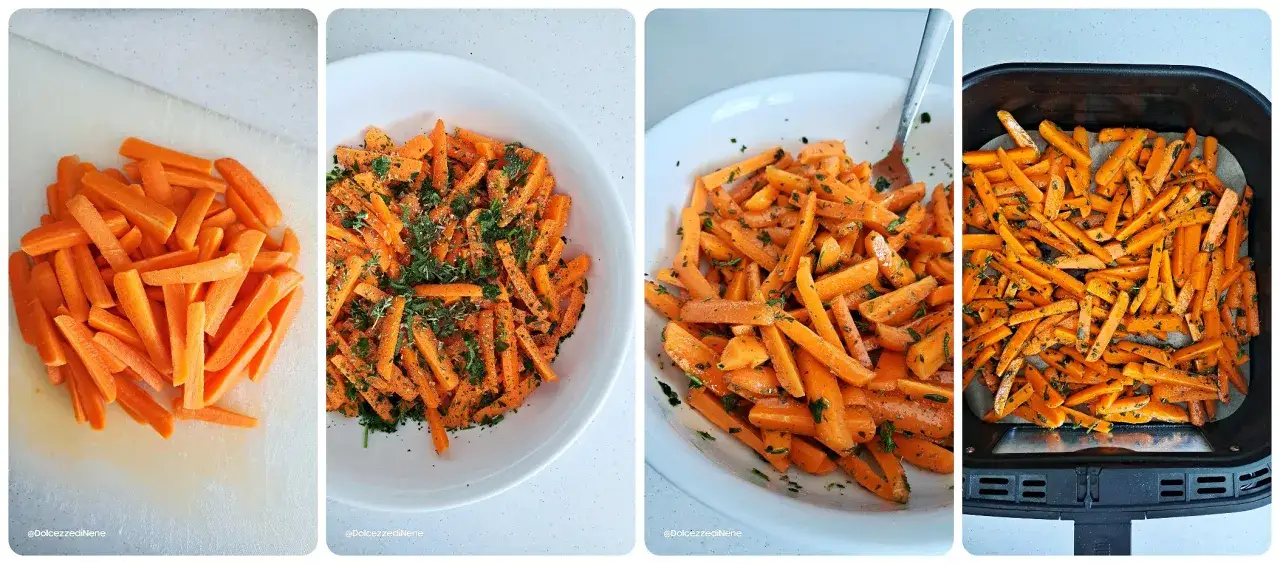 Carote tagliate a bastoncino, condite con erbe aromatiche e pronte per la friggitrice ad aria.