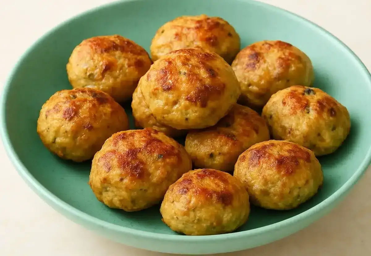 Un piatto di polpette di tacchino dorate e appetitose, pronte per essere gustate.