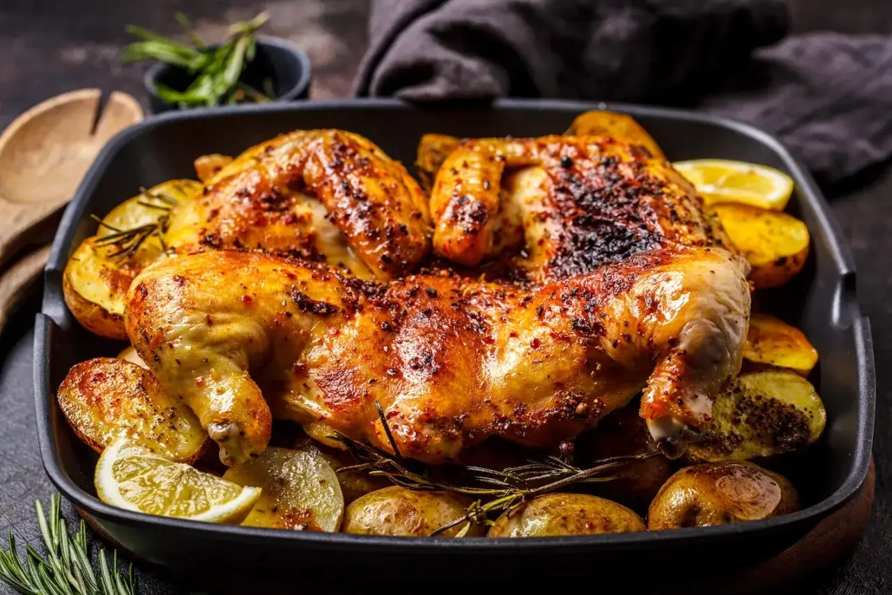 Un succulento petto di pollo alla griglia, dorato e speziato, servito con patate arrosto e spicchi di limone.
