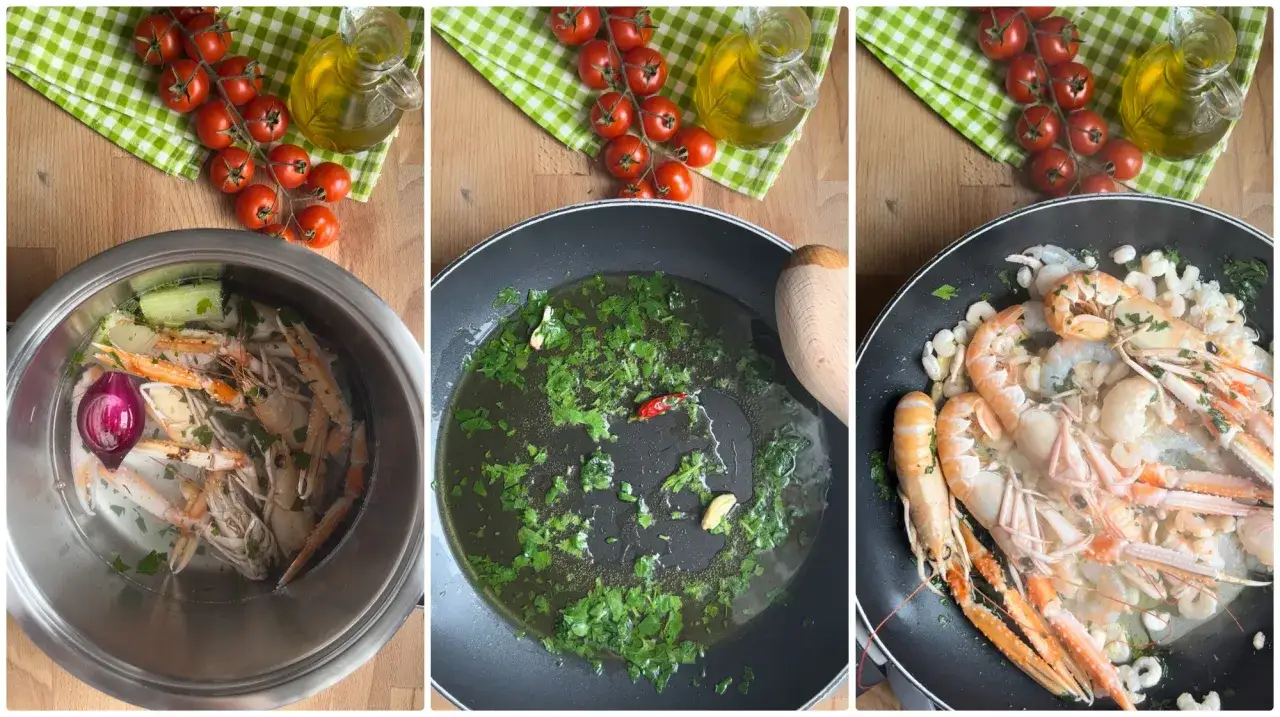 Preparazione di un sugo con scampi surgelati: scampi in pentola con aromi, soffritto in padella e scampi che cuociono.