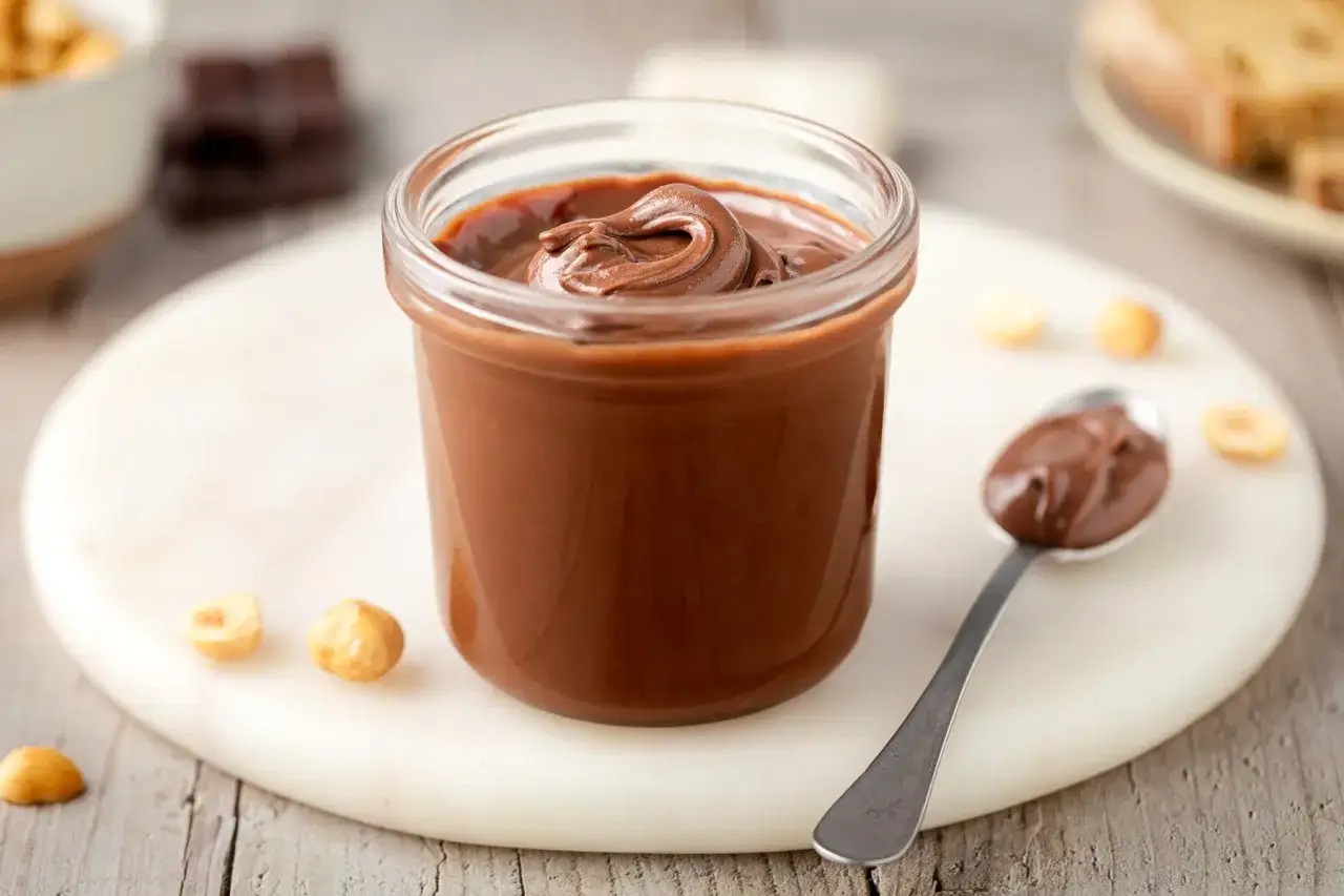 Un vasetto di cremosa nutella fatta in casa con nocciole e cioccolato. Un cucchiaino ne assapora la dolcezza.