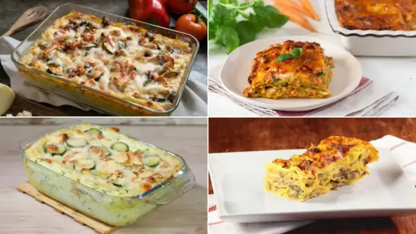 Quattro versioni di lasagne vegetariane gustose: con verdure miste, zucchine e formaggio, e funghi. Perfette per un pranzo saporito.